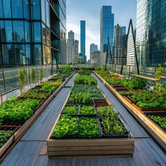 Obraz premium Urban sustainable agriculture initiative rooftop garden gardening project city skyline aerial view eco-friendly lifestyle