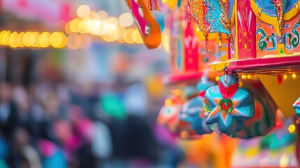 Brightly colored carousel with whimsical designs, surrounded by