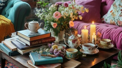 Fototapeta premium Cozy living room scene with vintage table, books, flowers, and s