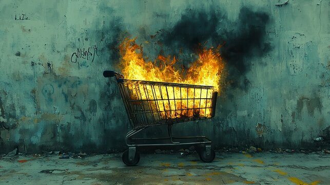 Burning shopping cart against grunge wall. (2)