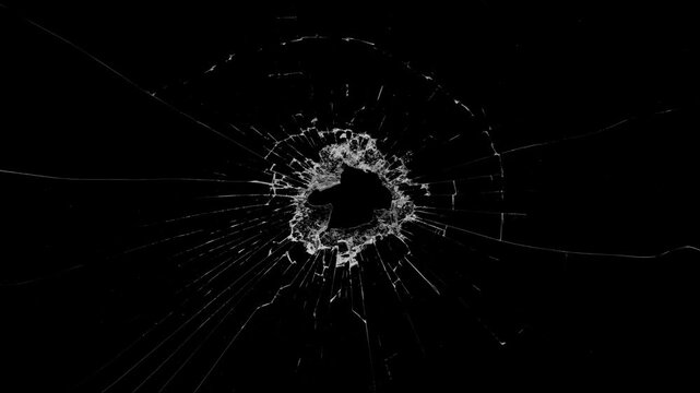 Realistic bullet or stone impact effect with shattered glass and circular fracture patterns on a sleek dark background for visual effects