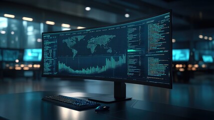 Futuristic data center control room with glowing computer screen displaying global network analytics