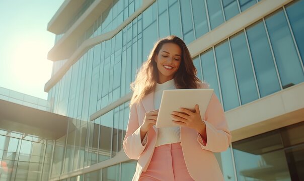  a business woman using her tablet in front of a modern office building, Generative AI