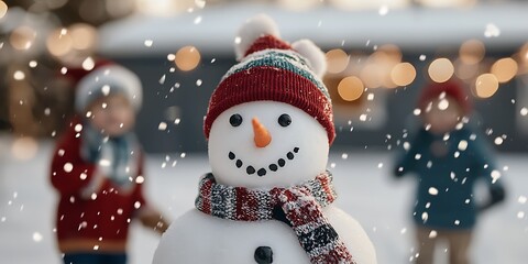 Fototapeta premium A cheerful snowman stands in the foreground, surrounded by falling snow, with two children playing in the background, creating a festive winter scene.