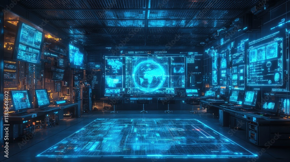 Poster futuristic digital control center with global network visualization