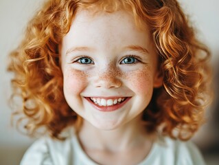 A joyful child with curly red hair smiles brightly, showcasing freckles and an engaging expression, radiating happiness and innocence.