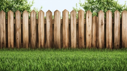 Fototapeta premium Freshly mowed green grass with a rustic wooden fence in the background, evoking serenity