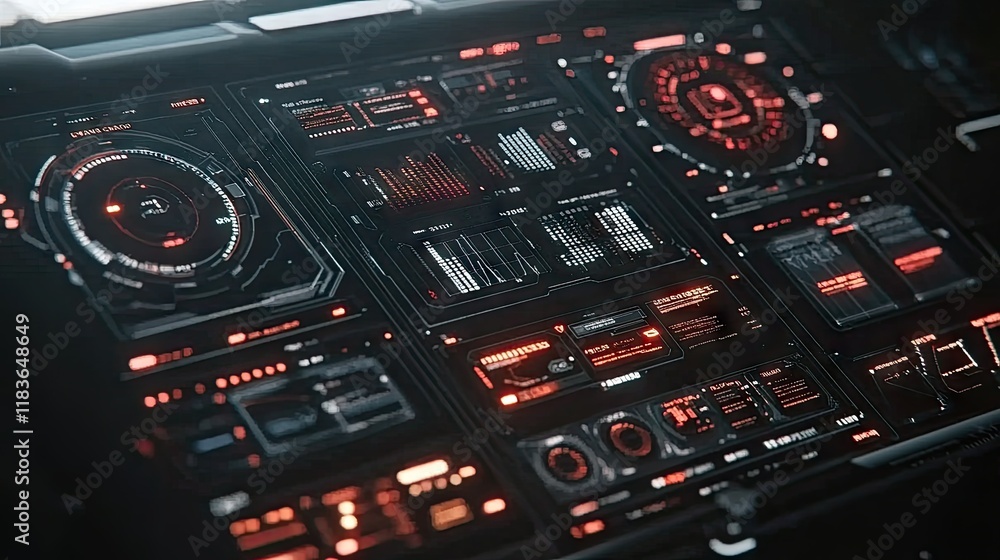 Poster futuristic digital dashboard interface with red and black elements