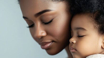 Obraz premium A tender moment between a mother and her sleeping child, showcasing love, tranquility, and a deep emotional bond.