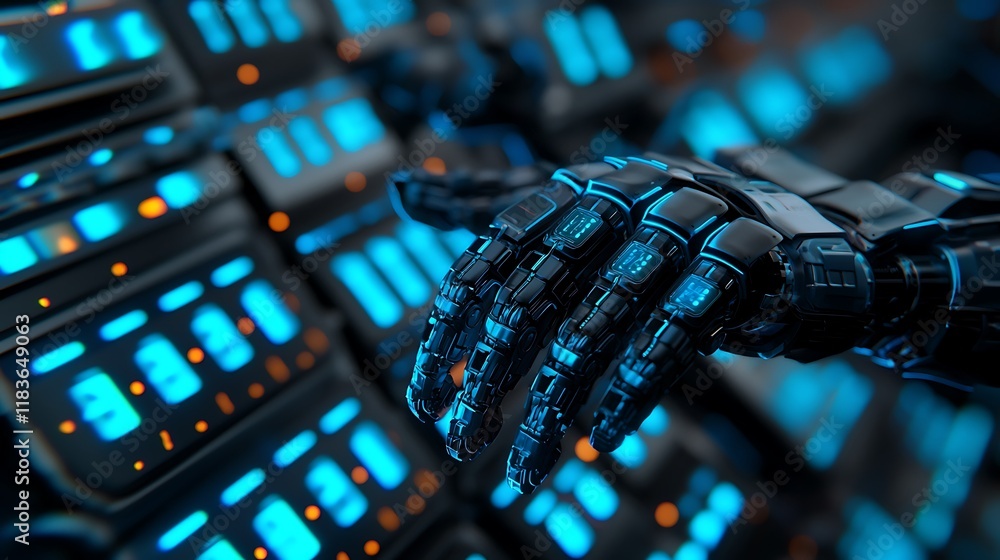 Aufkleber a futuristic robotic hand interacts with a glowing interface, showcasing advanced technology and int