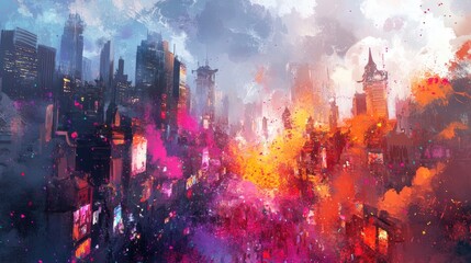 Fototapeta premium Vibrant cityscape with dramatic colors and surreal lighting effe