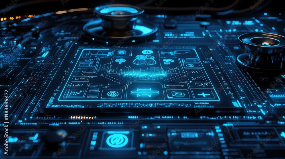 Poster futuristic digital interface with glowing blue network data