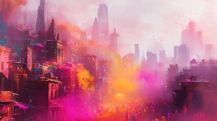 Fototapeta premium Vibrant cityscape blends colors and shapes, creating dreamlike a