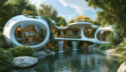 Organic Modern Architecture: A futuristic home seamlessly blends with nature, featuring a cascading waterfall, lush greenery, and a unique organic design.