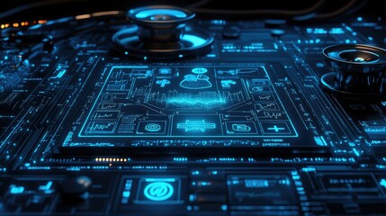 Futuristic digital interface with glowing blue network data