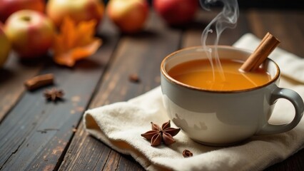 Warm Autumnal Beverage with Aromatic Spices and Ripe Apples on Rustic Wooden Surface
