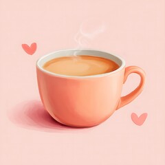 Fototapeta premium A cozy pink cup of steaming coffee surrounded by heart shapes, conveying warmth and comfort.