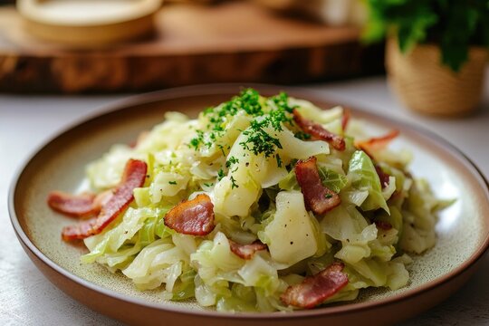 Freshly cooked cabbage dish garnished with herbs and crispy baco