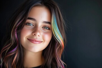 Fototapeta premium Smiling girl with vibrant, multicolored hair against dark backgr