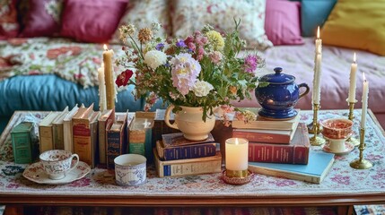 Cozy table setting with books, flowers, candles, and vintage tea