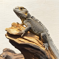 Fototapeta premium black spiny tailed iguana perched on textured wooden log, showcasing its unique scales and spines. reptile vibrant colors and intricate details create captivating scene