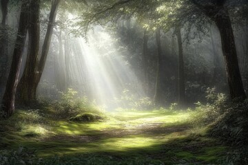 Obraz premium Sunlight filters through dense trees, illuminating tranquil fore