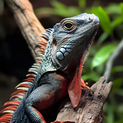 Naklejka premium vibrant black spiny tailed iguana perched on branch, showcasing its striking scales and colorful features. lush background adds to its natural habitat appeal