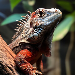 Naklejka premium close up of vibrant black spiny tailed iguana perched on branch, showcasing its striking scales and unique features. lush background adds to its natural habitat feel