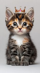 Obraz premium A small kitten with a regal crown sits gracefully, showcasing its vibrant fur and expressive eyes. This adorable feline radiates charm and playful spirit in a beautifully lit atmosphere