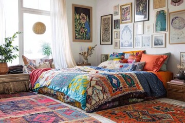 Bright bedroom features colorful textiles and an eclectic galler