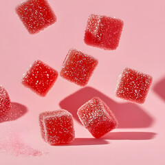 Delicious red gummy candies floating against pink background, showcasing their sugary texture and vibrant color. Perfect for sweet treats and candy lovers