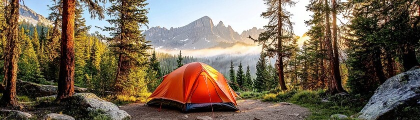 Camping in the Wilderness: Orange Tent Surrounded by Lush Green Pines and Majestic Mountains at Sunrise with Soft Mist and Vibrant Light
