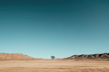 Fototapeta premium Vast desert landscape with lone tree against clear blue sky, evo