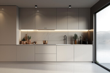 Modern Minimalist Kitchen with Scenic View.