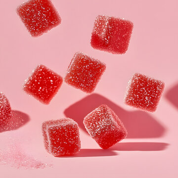 Delicious red gummy candies floating against pink background, showcasing their sugary texture and vibrant color. Perfect for sweet treats and candy lovers