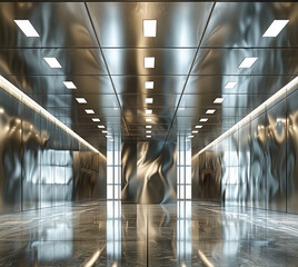 Modern Metallic Interior with Reflections and Lighting.