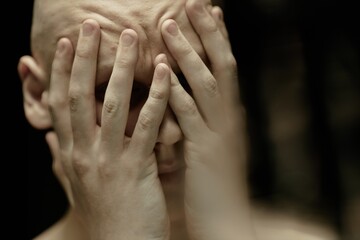 Close up on pale bald man covering face with hands suffering from acute migraine pain captured in dark studio with loy key light, copy space