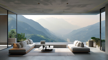 Modern Living Room with Scenic Mountain View.