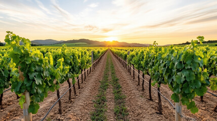vibrant sunset over lush vineyards, showcasing rows of green grapevines