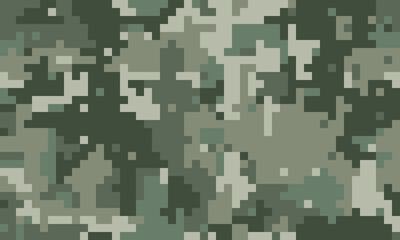 Abstract pixelated camouflage pattern in muted greens and greys. Ideal for backgrounds, textiles, or military-themed designs.  Versatile and stylish digital texture.