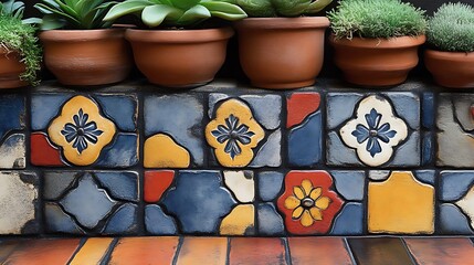 Terracotta Pots Adorn Colorful Mosaic Tile Wall