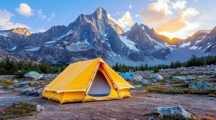 Bright Yellow Tent Set Against Majestic Mountain Landscape During Sunset with Clear Sky and Lush Greenery in Foreground for Outdoor Adventures