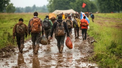 Naklejka premium Group of people trudging through muddy terrain, carrying supplie