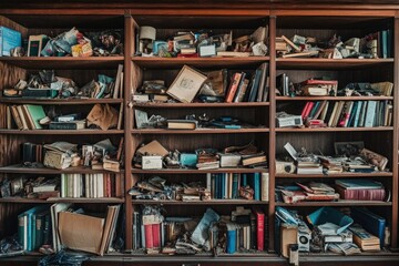 Cluttered bookshelf filled with books, papers, and eclectic item