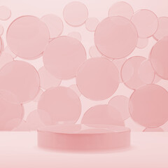 Pink abstract stage mockup with pink plastic smooth round podium, flying circles decor. Template 3D illustration scene in modern, fashion style for presentation cosmetic products, goods, advertising.