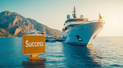 successful  goals  wealth achievement concept. Luxury yacht on water with a "Success" sign nearby at sunset.