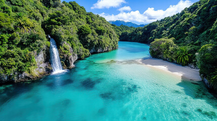 Aerial view of scenic waterfall in lush tropical landscape