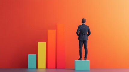 successful  goals  wealth achievement concept. A businessman standing on blocks, observing growth charts against an orange background.