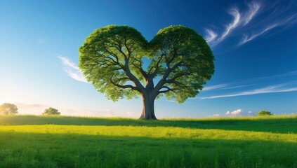 Fototapeta premium A stunning heart-shaped tree in a serene grassy field, symbolizing nature, love, and sustainability, under a vibrant blue sky on a sunny day.