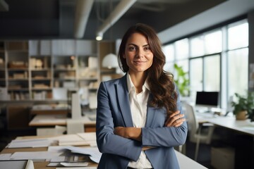 Obraz premium Portrait of smiling businesswoman standing with arms crossed in modern office